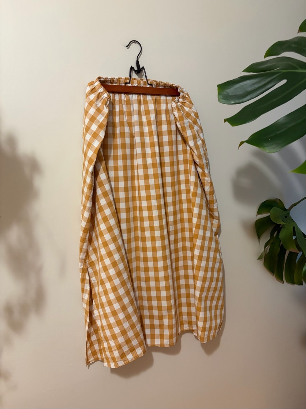 Who What Wear Gold and White Gingham A-Line Midi Skirt and Off-shoulder Top
